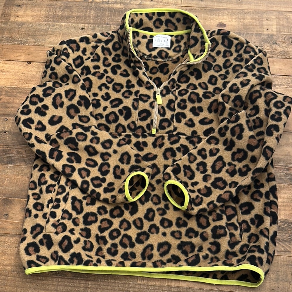 UO Leopard Print Fleece Pullover with Neon Trim